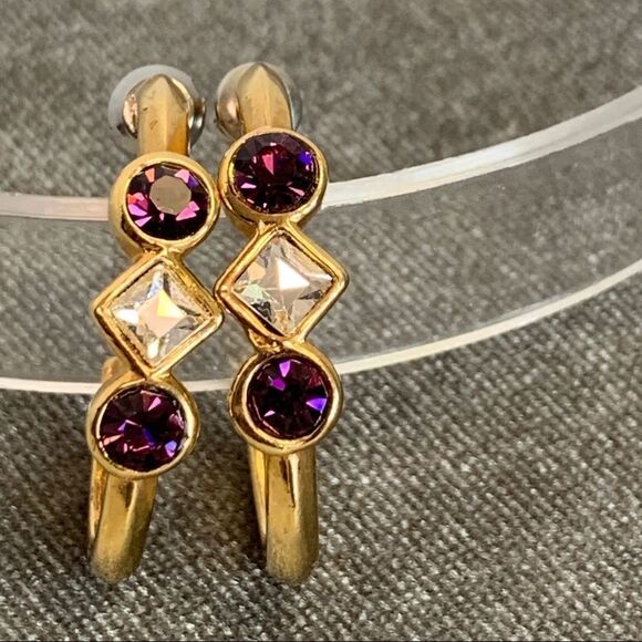 Avon Vintage gold hoop earrings with amethyst & clear rhinestones - Picture 7 of 12